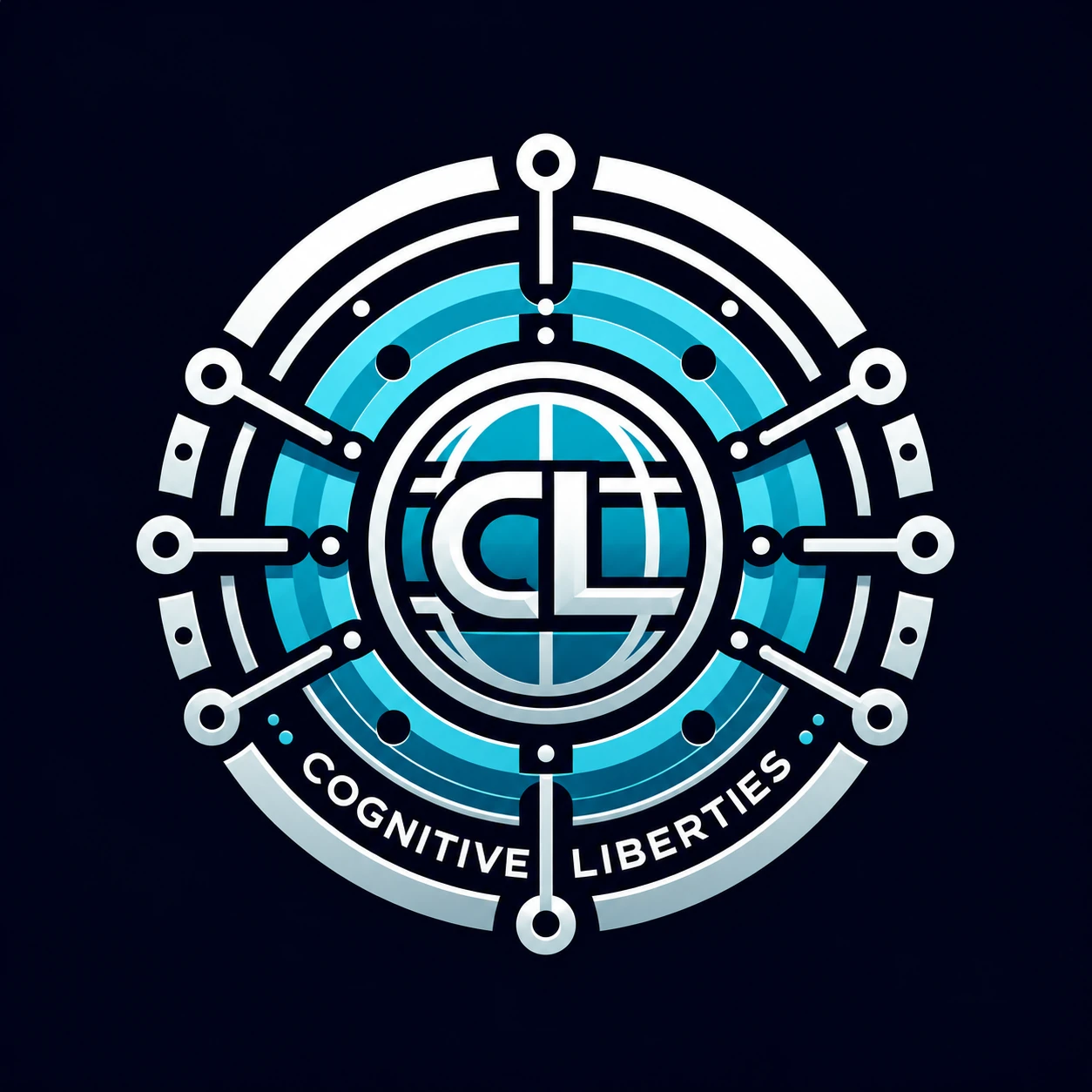Cognitive Liberties circular cyan-and-white emblem, with linked nodes around the central CL monogram.