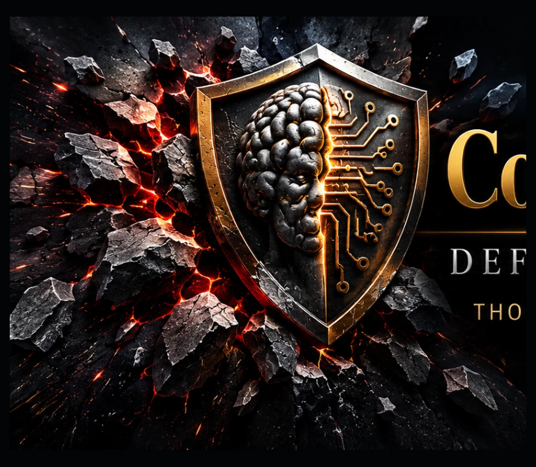 Shield combining a human brain and circuit paths, representing the defense of thought and digital agency.